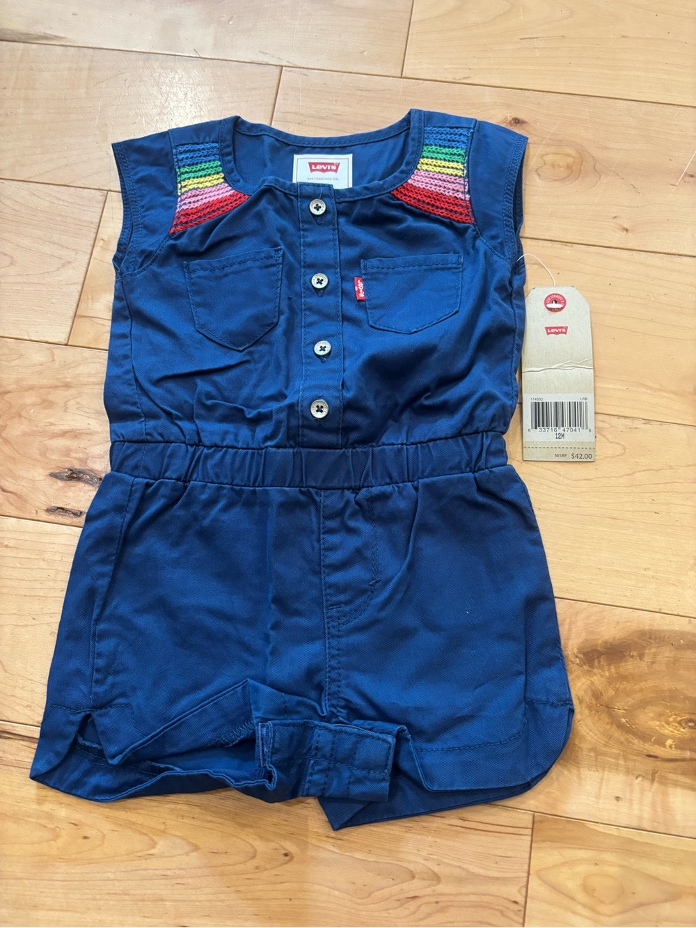 👒Levi's Navy Girls' Short Romper with Rainbow Crochet Yoke